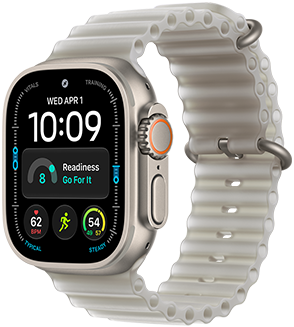 Apple Watch Ultra 4, Titangehäuse, Farbe Natur, Modular Zifferblatt, Komplikationen: Tag und Datum, Tagesform, Herzfrequenz, Lauftraining, Wetter, rechte Seitenansicht, Digital Crown, erhöhte Seitentaste, Ocean Armband, Farbe Halbtransparentes Grau