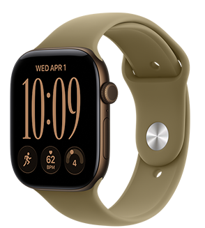 Apple Watch Series 12, aluminum case, dark bronze color, digital clock face, complications: day and date, Workouts, heart rate, readiness, Sport Band, olive color