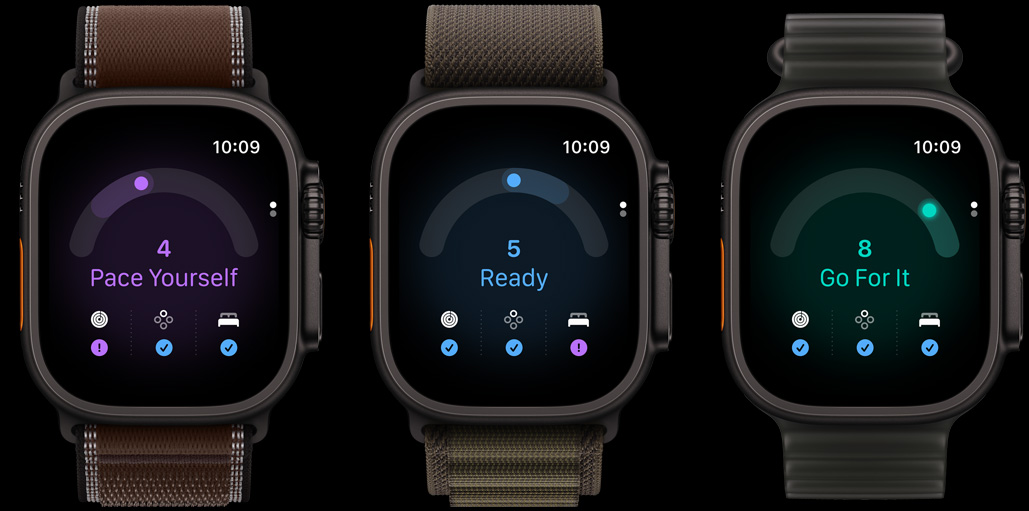 Three Apple Watch Ultra 4 devices: titanium case, black color, readiness score 4, Trail Loop band, burgundy color, titanium case, black color, readiness score 5, Alpine Loop band, dark olive color, titanium case, black color, readiness score 8, Ocean Band, translucent black color