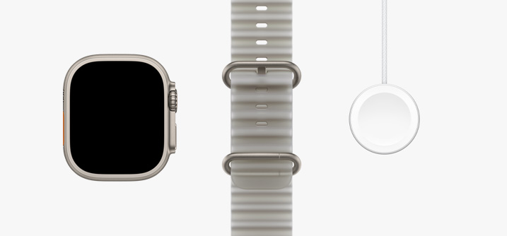 Apple&nbsp;Watch Ultra&nbsp;4, casing warna titanium alami, layar menyeluruh, Tali Jam Ocean&nbsp;Band abu-abu semi transparan, Kabel Pengisian Daya Cepat Magnetis Apple&nbsp;Watch ke&nbsp;USB-C