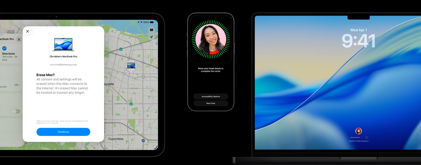 An iPad shows Erase Mac option, an iPhone shows Face ID setup, and a Mac shows macOS Tahoe Home Screen with password or Touch ID.