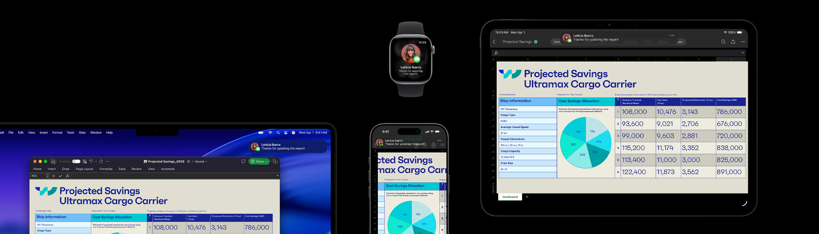 iPhone、iPad、Apple Watch 以及正在顯示 macOS Tahoe 的 Mac 等一系列裝置上，展示試算表及文字訊息。