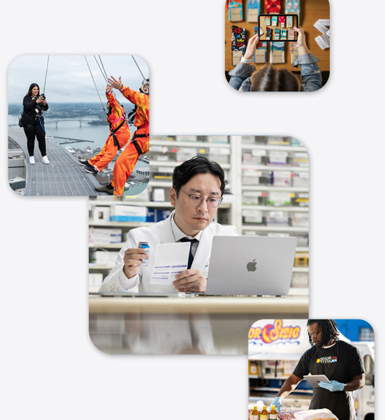 Diverses petites entreprises en action. Un pharmacien en sarrau travaille sur un MacBook, une prof de saut à l’élastique se sert d’un iPhone pour photographier deux personnes sur le point de se lancer, un homme utilise un iPad tout en disposant des produits alimentaires.