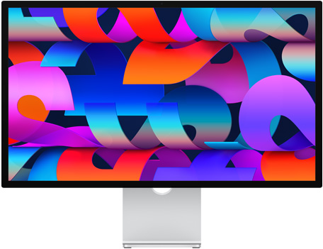 Widok z przodu na monitor Studio Display z wyświetloną kolorową tapetą przypominającą wstążkę