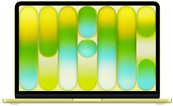 MacBook Neo, abierto, muestra un fondo degradado de colores con rayas verticales en tonos verde, amarillo y azul.