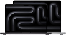 Notebooks MacBook Pro, uno más pequeño delante de otro más grande, abiertos, fondo de pantalla plateado y negro con un diseño geométrico.