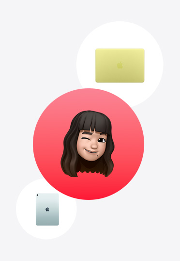 Apple Watch, MacBook, iPad, alrededor de un Memoji en un círculo rojo.