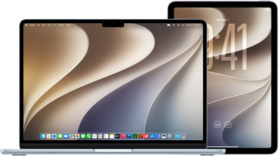 왼쪽에 MacBook, 오른쪽에 iPad가 놓여 있고 화면에 유사한 물결 무늬의 골드 색상 배경화면이 표시되어 있는 모습