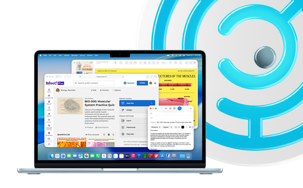 MacBook, azul cielo, portátil abierto muestra contenido educativo en Keynote, Mail y Safari con Kahoot!, incluyendo la tarea “BIO-200: Ejercicio sobre el sistema muscular”