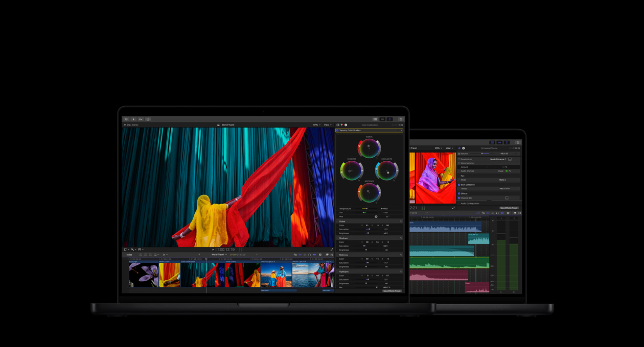 Ein 16 Zoll MacBook Pro mit Tools zur Farbkorrektur, eine Frau in einem gelben Sari mit rotem Stoff vor einem blauen Hintergrund, ein 14 Zoll MacBook Pro mit einem Bearbeitungsbildschirm mit Audiowellen und einem EQ Tool