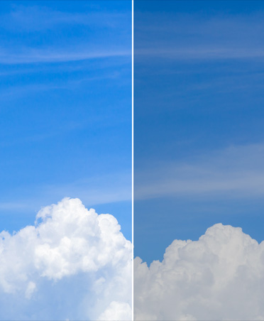 Zweiteiliges Bild von Wolken am Himmel, das einen Vorher‑Nachher‑Vergleich des Tools für die Farbkorrektur zeigt