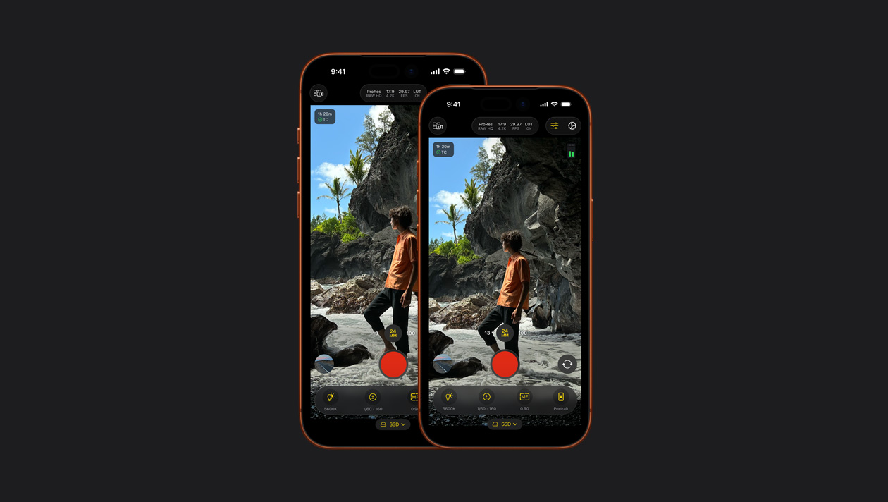 iPhone 17 Pro und iPhone 17 Pro Max Displays, die einen Mann an einem felsigen Strand zeigen, Demo von Final Cut Camera