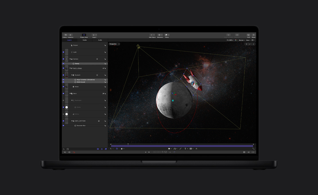 16 Zoll MacBook Pro, stilisiertes Bild einer Rakete, die den Mond umkreist und eine Bewegungssimulation zeigt