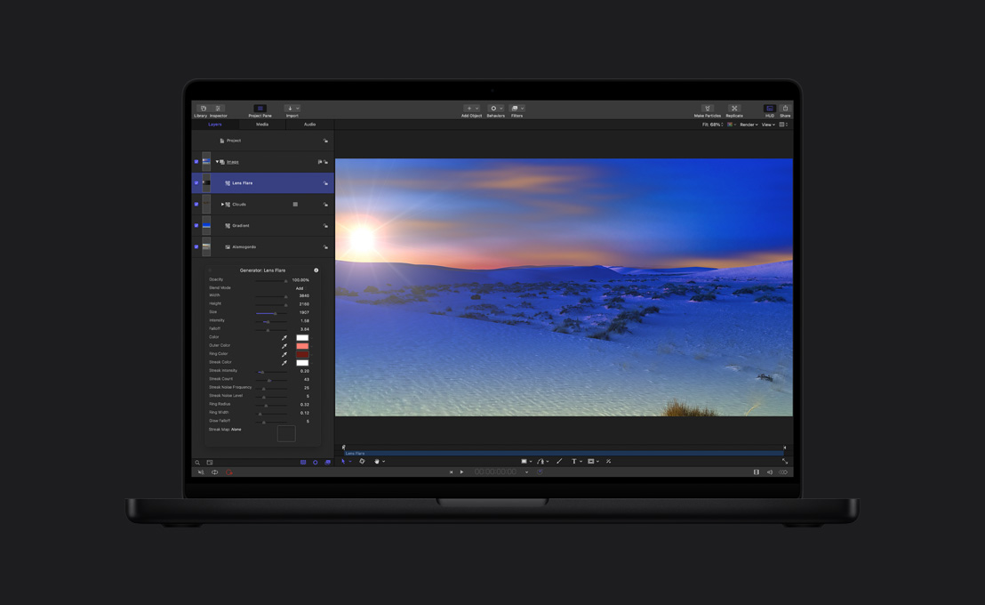 16 Zoll MacBook Pro, Weitwinkelaufnahme einer schneebedeckten Landschaft mit Demonstration des Blendeneffekts