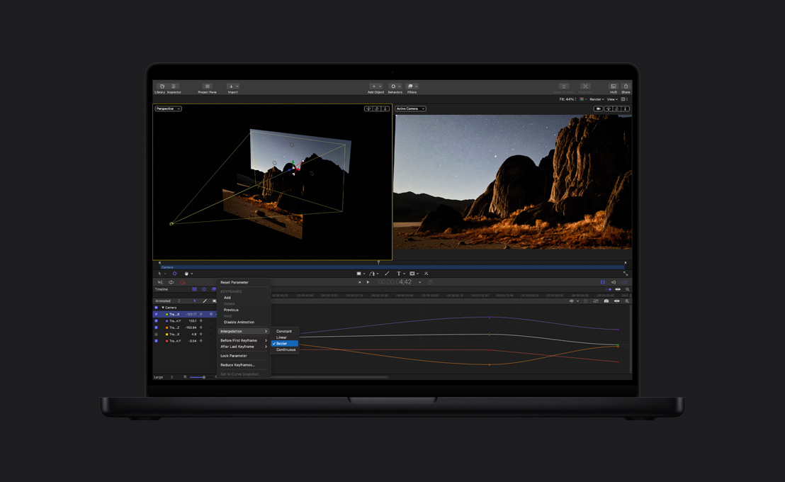 Ein 16 Zoll MacBook Pro zeigt Berge und eine Demonstration der Keyframe-Bearbeitung