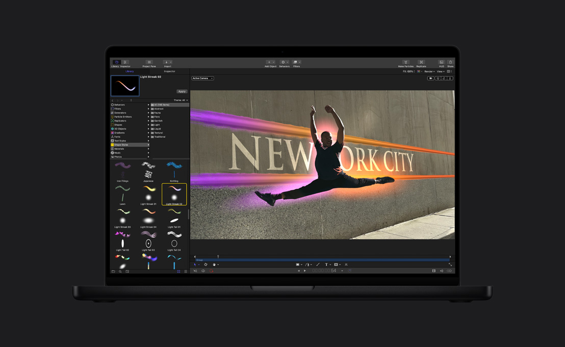16 Zoll MacBook Pro, Tänzer beim Sprung, den ein Lichtschein umgibt, Demo des Malwerkzeugs