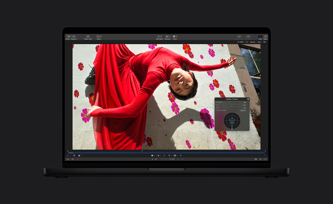 16 Zoll MacBook Pro, eine Frau in rotem Kleid, eine Demo zeigt, wie Blumen zum Hintergrund hinzugefügt werden
