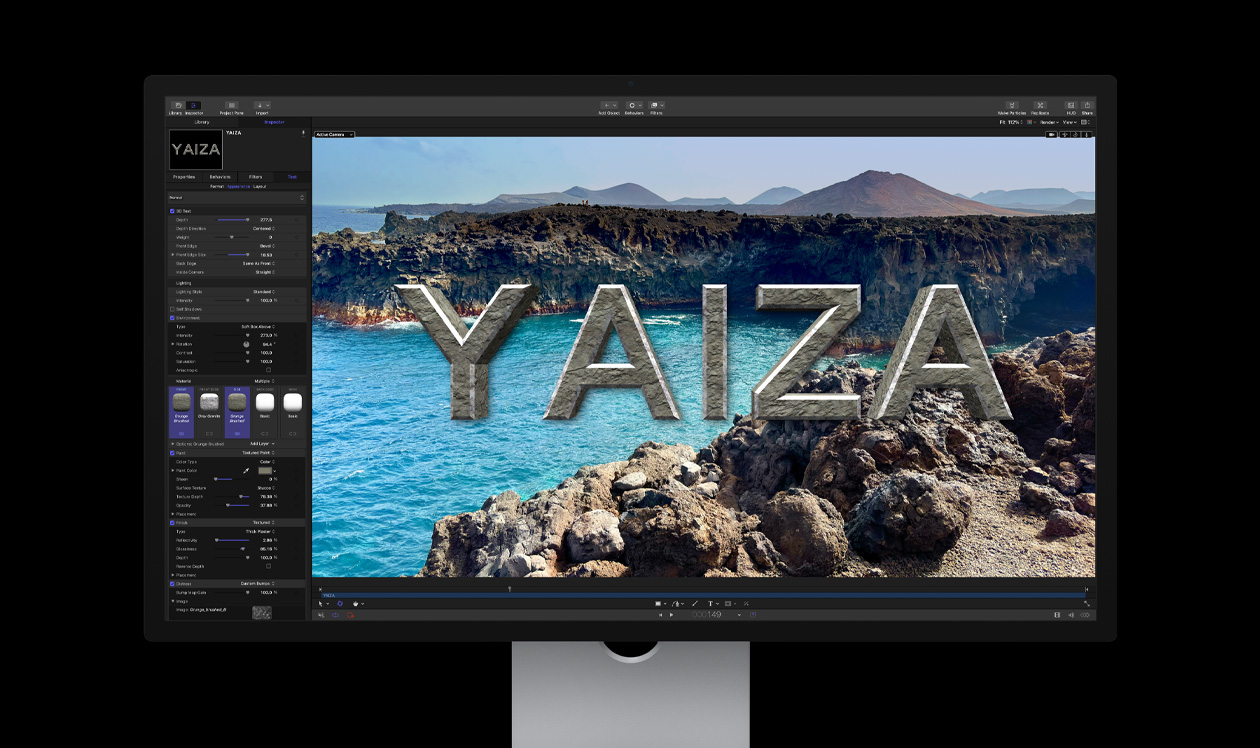 Mac Studio Bildschirm, über einem Bild einer felsigen Küste wird ein Titel erstellt, er lautet „Yaiza“