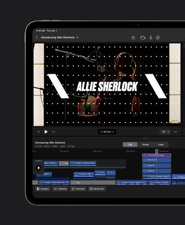 13 Zoll iPad Pro, Bearbeitung eines Musikvideos mit Titeln, die über dem Bild eingeblendet sind, Tools zum Auswählen von Schriftarten, Farben und Layout, der Titel lautet Allie Sherlock