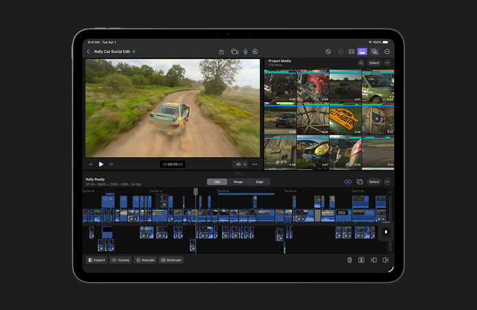 13 Zoll iPad Pro Display, Bearbeitung eines Videos von einer Autofahrt, der Projekttitel lautet „Rallyeauto Social Edit“