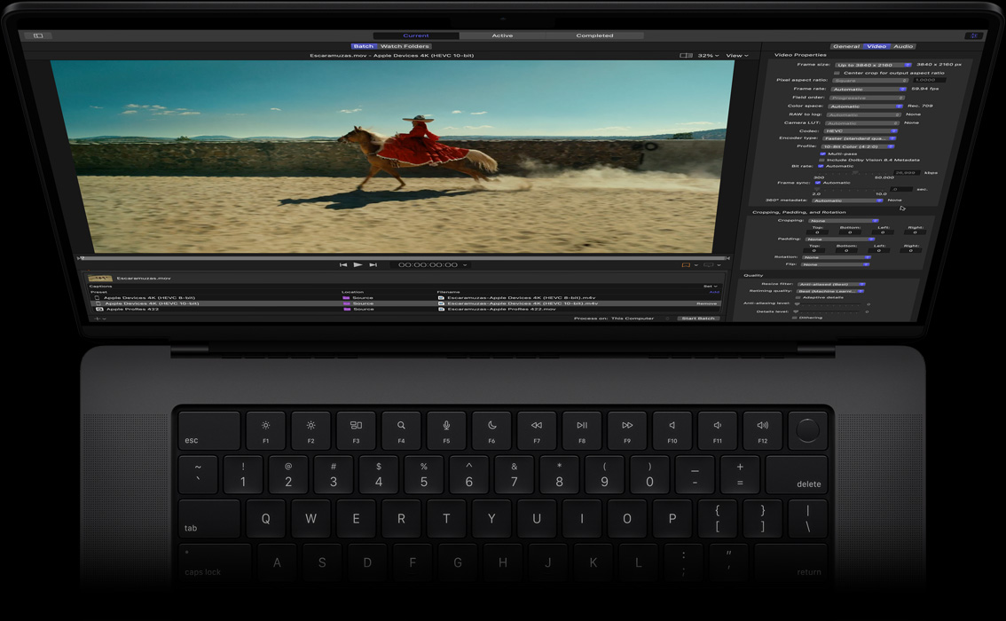16 Zoll MacBook Pro, der Bildschirm zeigt den Compressor Arbeitsbereich mit dem Bild einer Frau in einem roten Kleid, die auf einem Pferd reitet, Demo der Stapelfreigabe