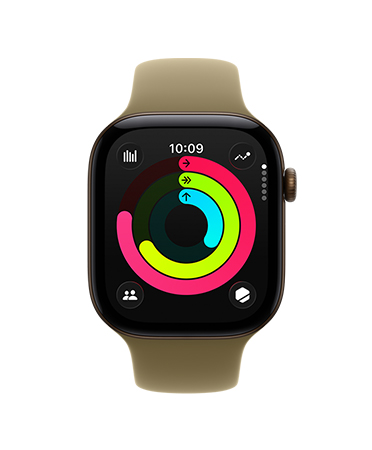 Apple Watch Series 12, caja de aluminio, color bronce oscuro, pantalla de los círculos de Actividad, métricas de Moverse, Ejercicio y Pararse, correa deportiva, color oliva (verde tierra)