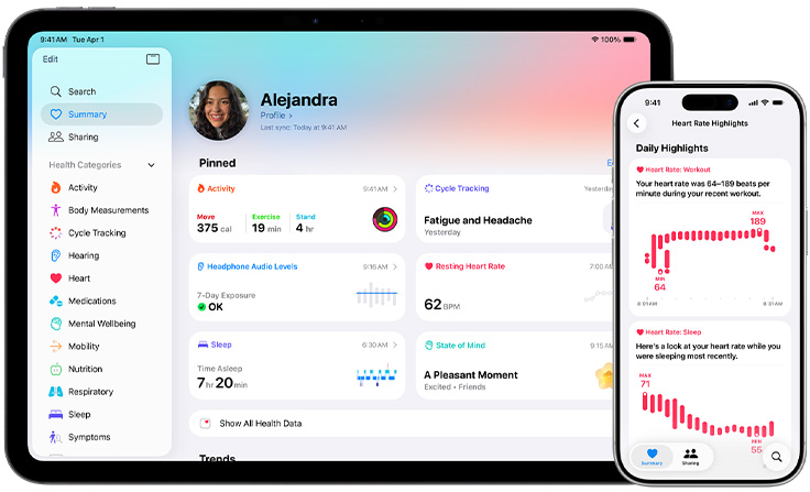 App Santé sur l’iPad et l’iPhone, résumé de santé et favoris épinglés sur l’iPad, récapitulatif des points clés liés à la fréquence cardiaque sur un iPhone