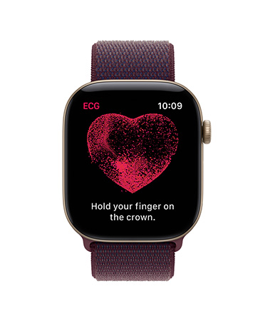 Apple Watch Series 12, aluminum case, light gold colour, ECG app, instructions on screen to hold finger on Digital Crown to begin ECG reading, red heart in the middle of screen, Sport Loop band, burgundy colour