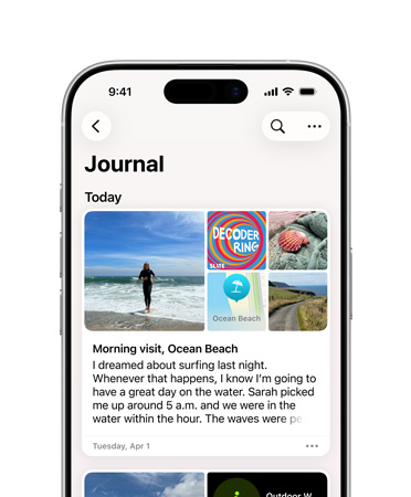 App Journal ouverte montrant une entrée, photos d’une journée à la plage et texte décrivant un rêve sur un iPhone