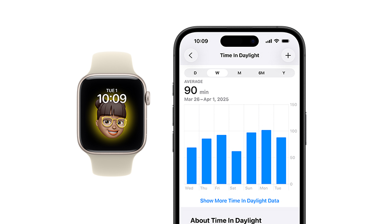 Apple Watch SE 3, boîtier en aluminium, couleur lumière stellaire, cadran Memoji, iPhone, onglet Partage de Santé avec durée d’exposition à la lumière du jour