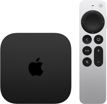 Apple TV 4K, Schwarz, Gehäuseoberseite, gezeigt mit Siri Remote, Silber