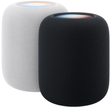 HomePod, two units: white colour and midnight colour, each with illuminated top display