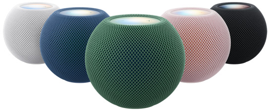 HomePod mini 2, mesh fabric, touch surface on top, available colours, white, blue, green, pink, and midnight