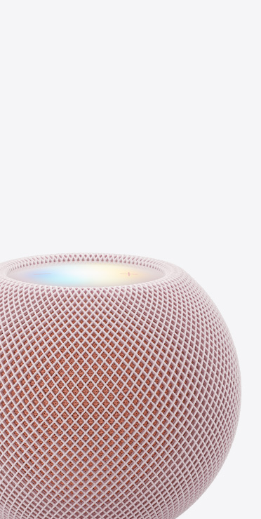 HomePod mini 2, Farbe Rosa, Nahansicht mit beleuchtetem Display oben