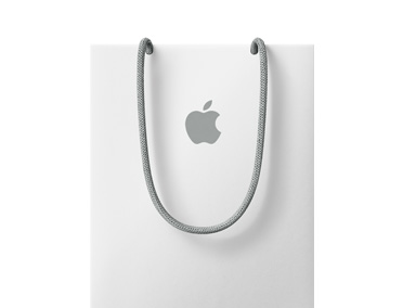 Eine weiße Apple Store Einkaufstasche mit grauem Apple Logo und grauen Griffen