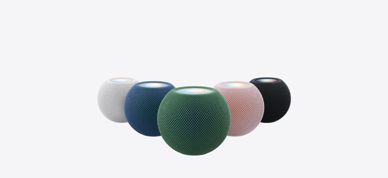 HomePod mini 2, beş renk seçeneği: beyaz, koyu mavi, koyu yeşil, açık pembe, gece yarısı (siyah)