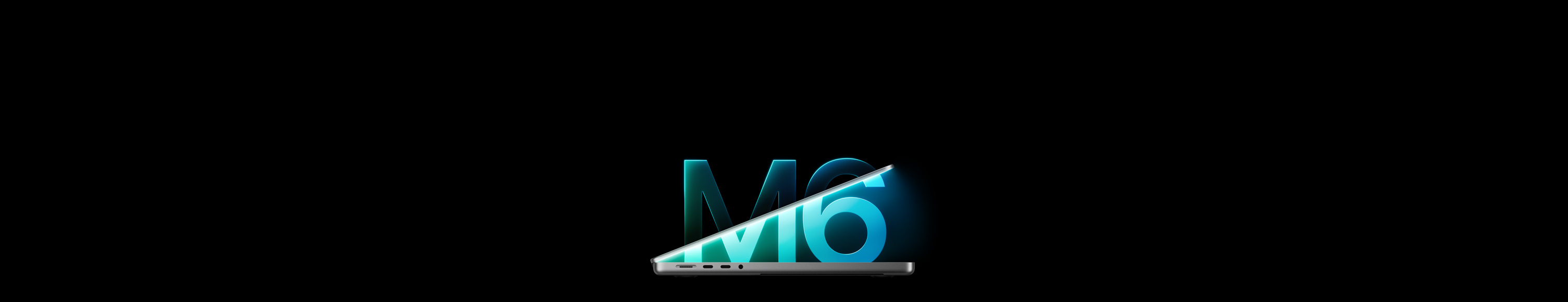 Side profile of MacBook Pro, silver, referencing the M6 chip