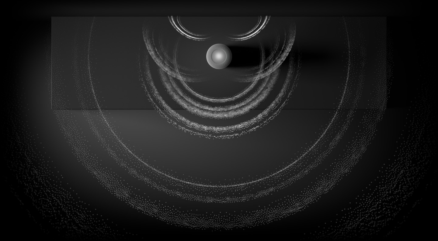 A visualisation of Spatial Audio, a bird’s eye view of HomePod with rippling rings of sound particles emanating from it.