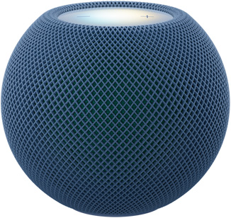 HomePod mini 2, kleur blauw (donkerblauw), voorkant, compact bolvormig design, naadloze akoestische netstof. Bovenaanzicht van een vlak, verlicht touch-oppervlak, verlichting in meerdere kleuren