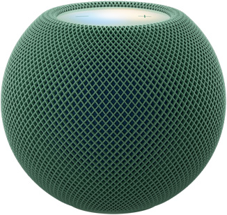 HomePod mini 2, kleur groen (donkergroen), voorkant, compact bolvormig design, naadloze akoestische netstof. Bovenaanzicht van een vlak, verlicht touch-oppervlak, verlichting in meerdere kleuren