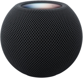 HomePod mini 2, kleur middernacht, voorkant, compact bolvormig design, naadloze akoestische netstof. Bovenaanzicht van een vlak, verlicht touch-oppervlak, verlichting in meerdere kleuren