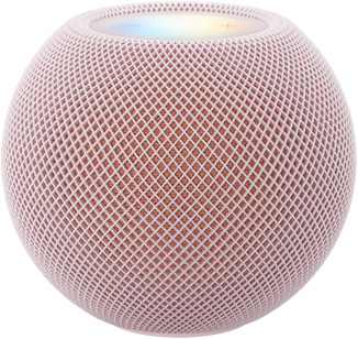 HomePod mini 2, kleur roze (lichtroze), voorkant, compact bolvormig design, naadloze akoestische netstof. Bovenaanzicht van een vlak, verlicht touch-oppervlak, verlichting in meerdere kleuren