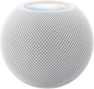 HomePod mini 2, kleur wit, voorkant, compact bolvormig design, naadloze akoestische netstof. Bovenaanzicht van een vlak, verlicht touch-oppervlak, verlichting in meerdere kleuren