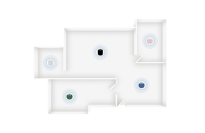 HomePod and HomePod mini 2 speakers in multiple colours placed in different rooms of a home floor plan