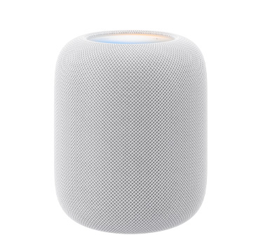 HomePod (2nd generation), white color, front exterior, cylindrical design, seamless acoustic mesh fabric. Top exterior, flat backlit touch surface, multi-colored illumination