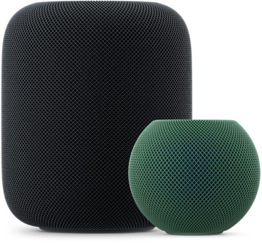 Gece Yarısı renginde HomePod ve sağ önünde yeşil renkte HomePod mini.