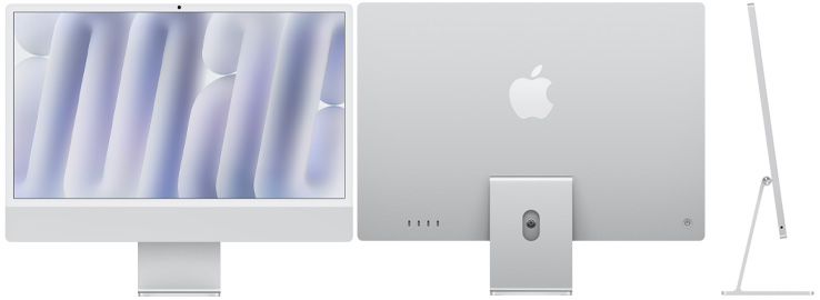 Vista frontal, posterior y lateral de la iMac, color plata