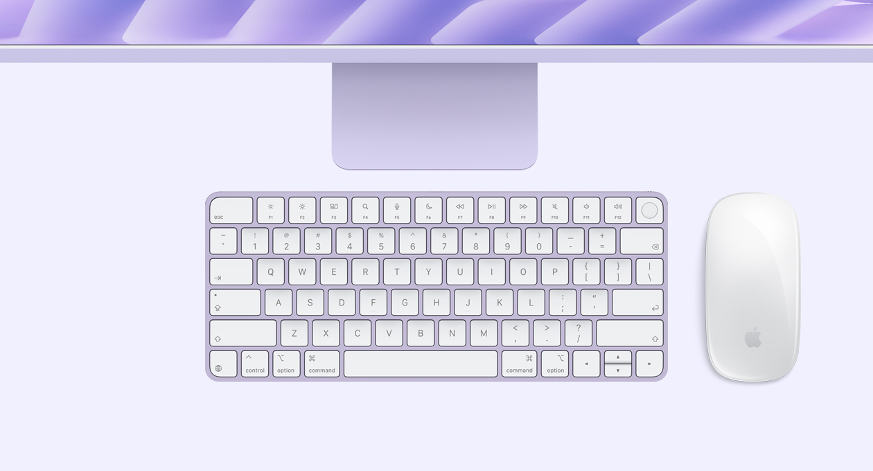 iMac, purple color, top exterior, with Magic Mouse and Magic Keyboard with Touch ID
