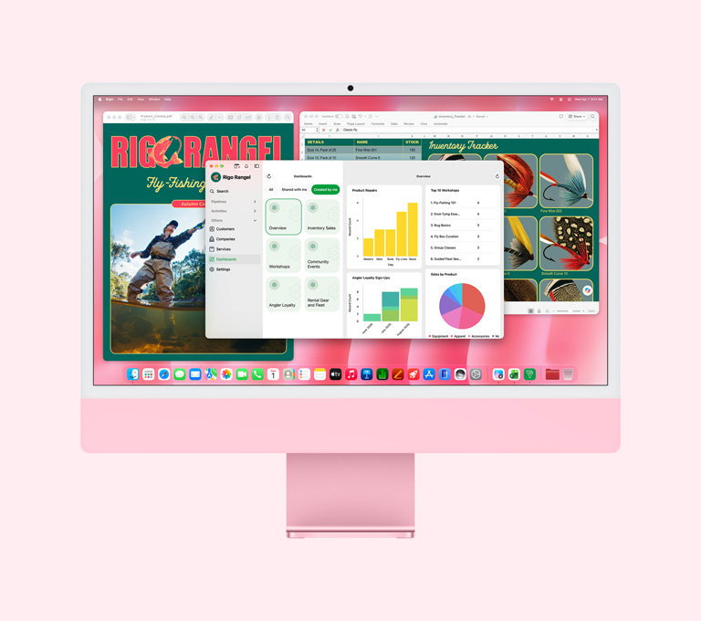 iMac, front exterior, pink color, screen displaying multiple apps