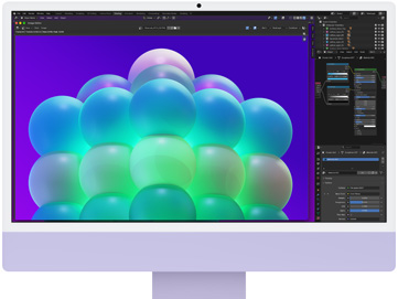 iMac, front exterior, purple color, displaying a colorful bubble structure in an image editing app